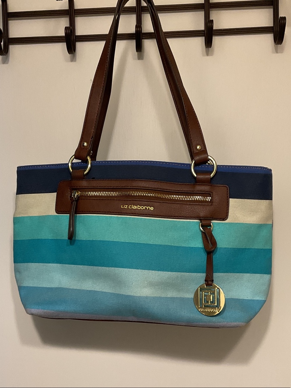 Liz Claiborne Navy, Teal & Light Blue Striped Shoulder Bag with Brown Trim
